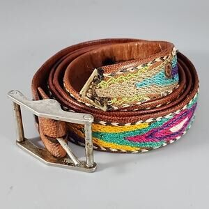 Vintage Hand Embroidered Multicolor Thin Ladies Leather Belt 35"